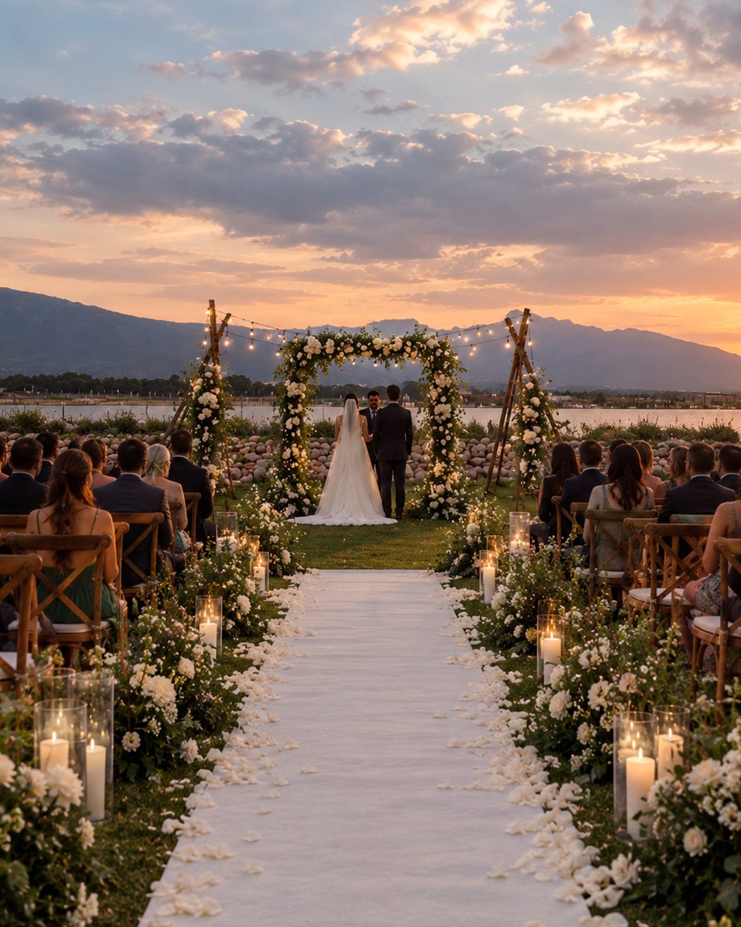 Boda campestre al atardecer junto al lago
